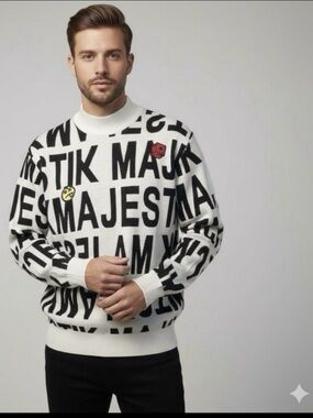 Majestik NYC Blk/White Men's Knit Sweater Allover Spellout Logo Graphic SZ Large